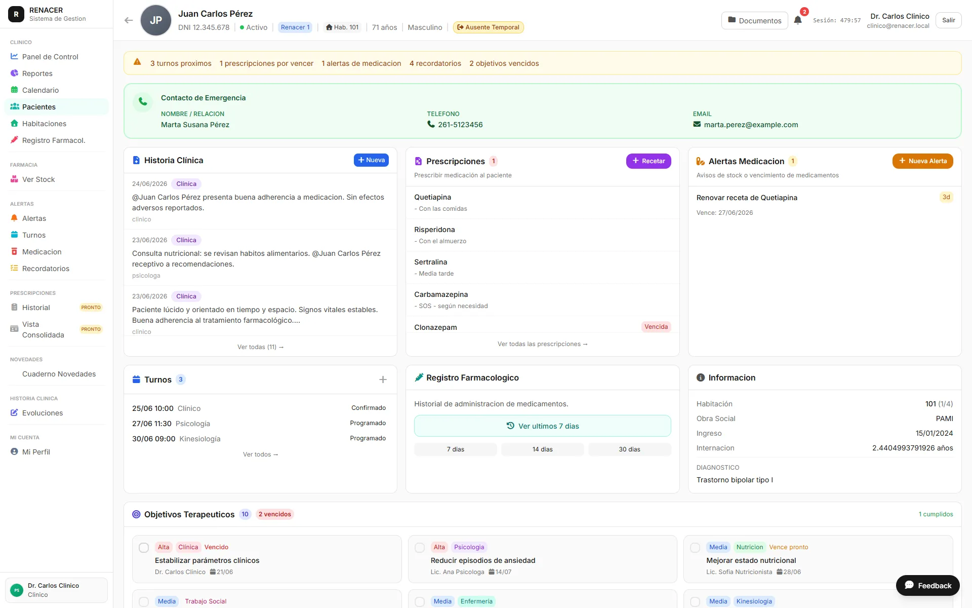 Ficha de paciente: historia clínica, prescripciones y turnos en una pantalla