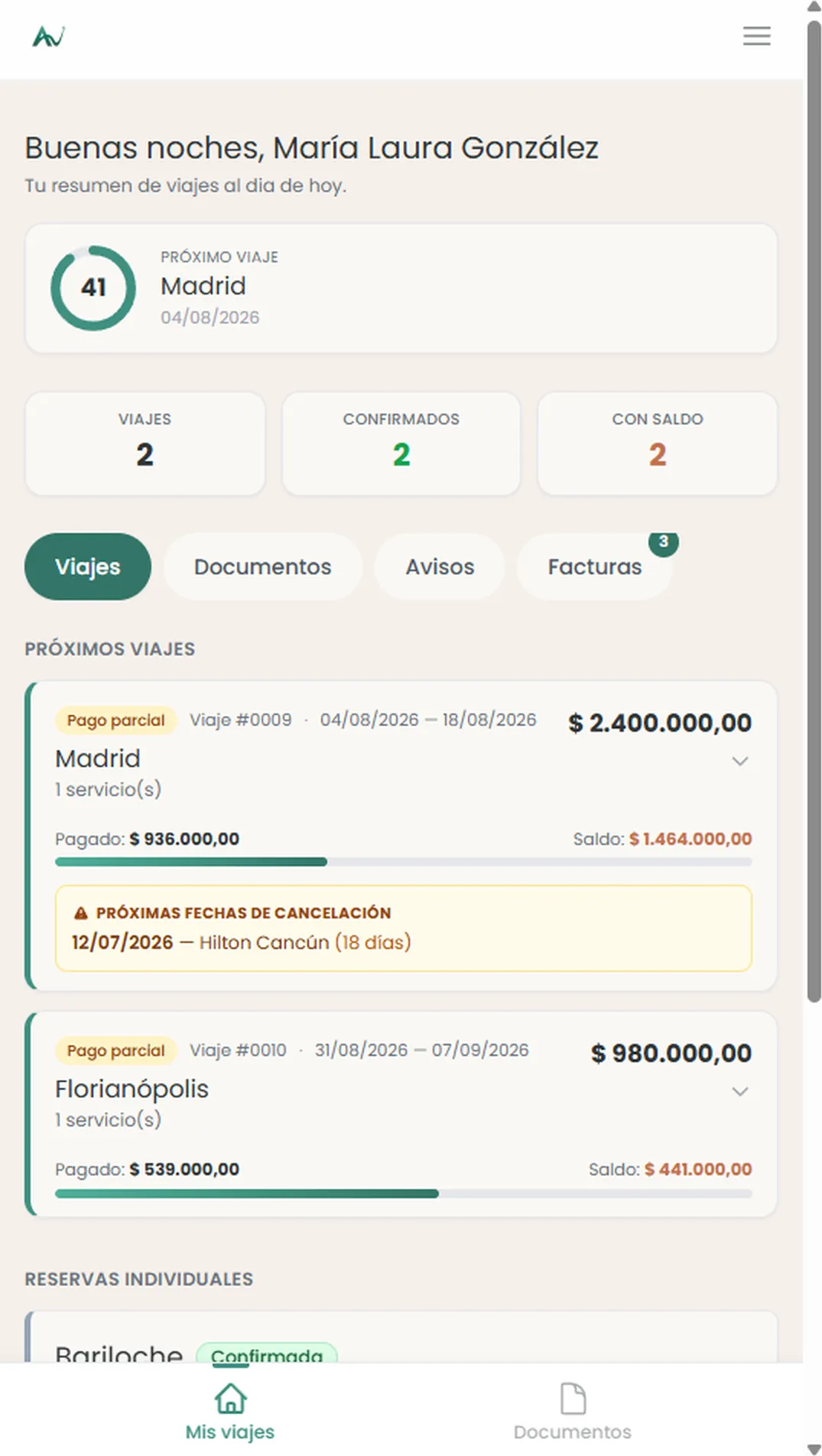 El portal del cliente, con sus próximos viajes y sus saldos